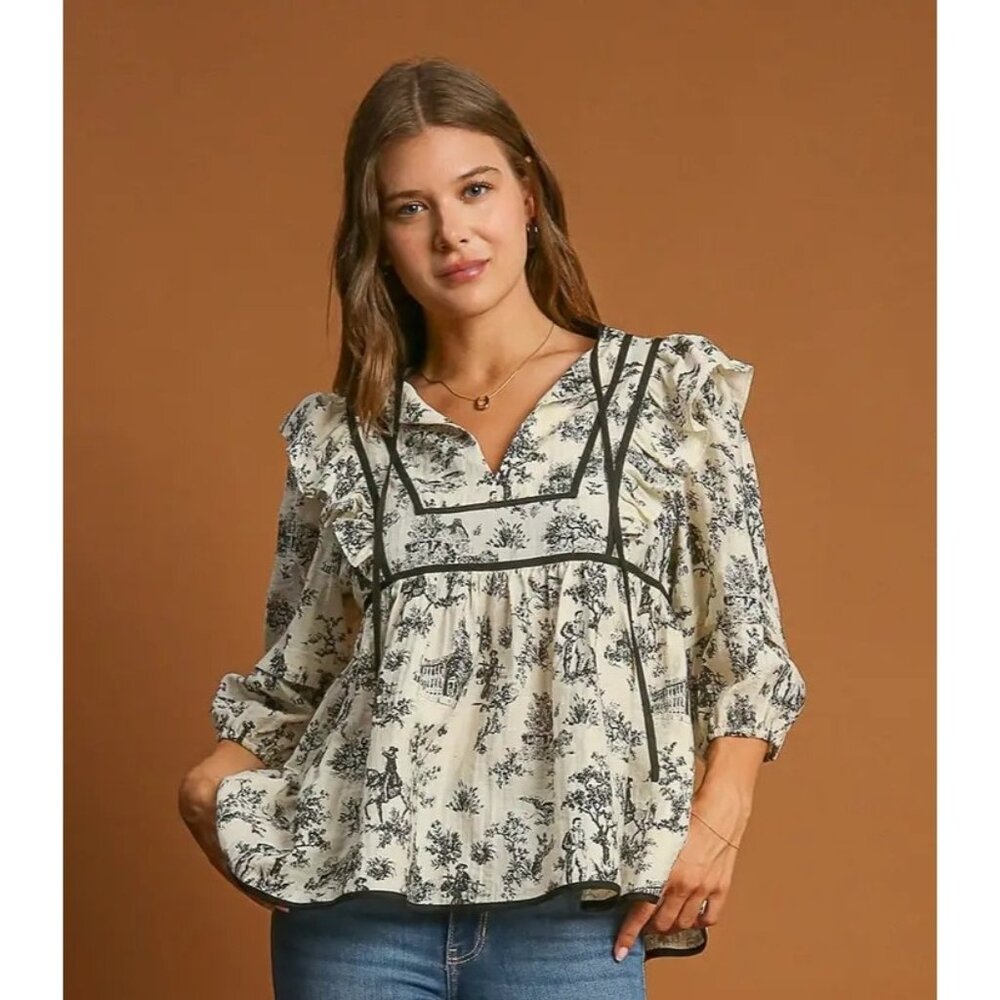 NWT Umgee V-Neck Babydoll Cream/Black Toile Top~Ruffle Detail~Puff Sleeves SMALL - Picture 2 of 6